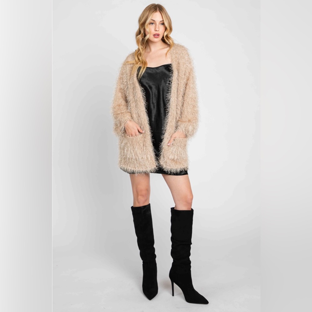 Soft Fuzzy Tan Cardigan with Pockets